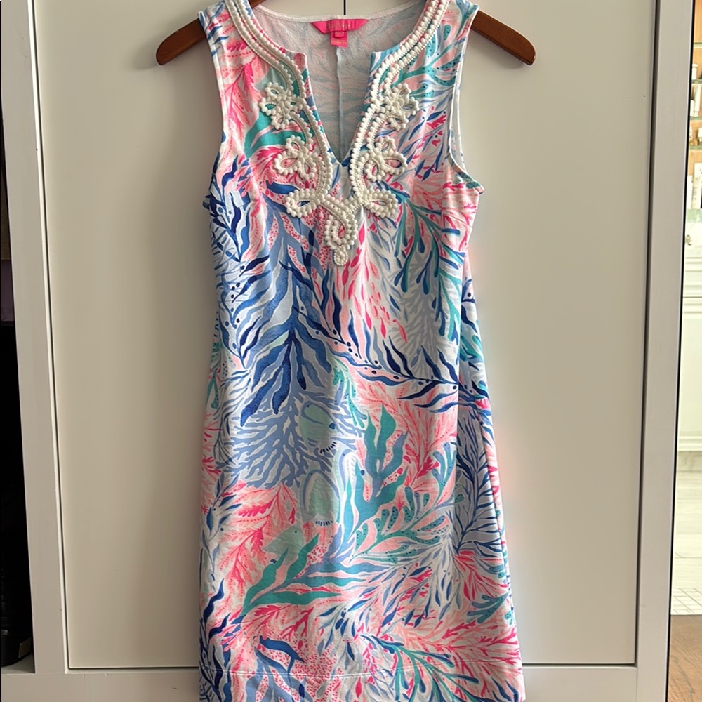 Lilly Pulitzer Pink and Blue Midi Mini V Neck Dress with Scroll Trim